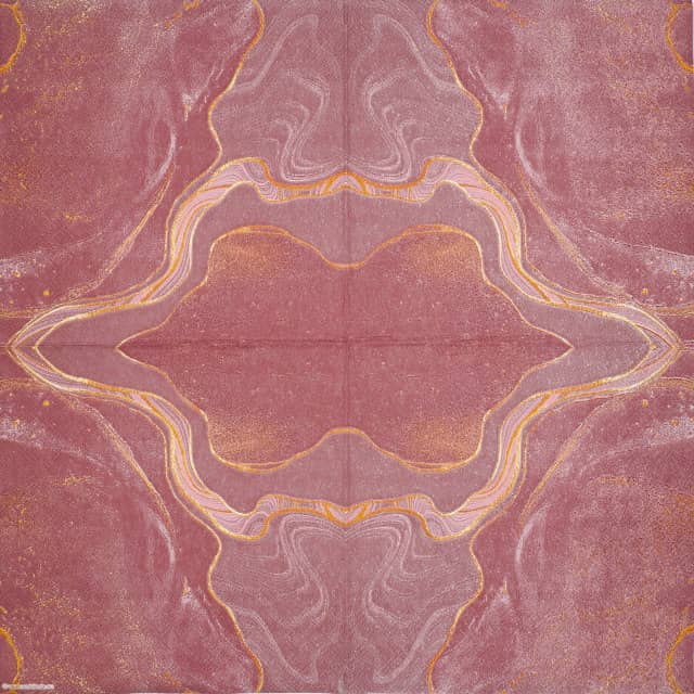 Lunch Decoupage Napkin Marble Rose: Full symmetrical design creating an abstract, central lip or hourglass shape using gold and pale pink marbled lines on a maroon background.