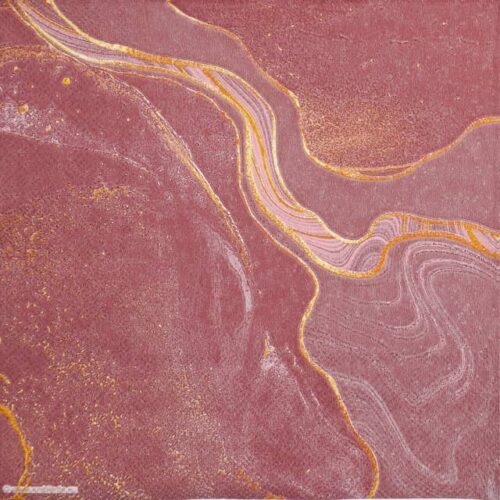 Lunch Decoupage Napkin Marble Rose: Close-up of an abstract, dark rose/maroon marbled texture with flowing streaks of shimmering gold and pale pink