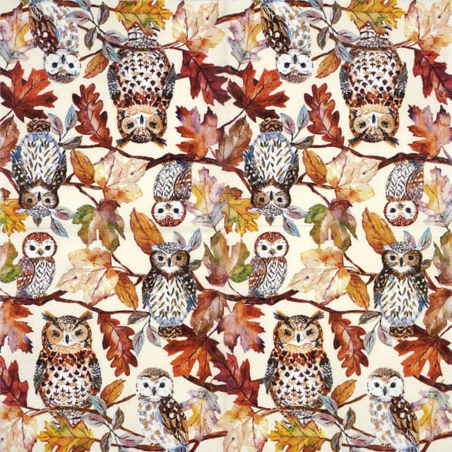 Full 25x25cm cocktail napkin with owl family illustration by Clementine, for autumn decoupage and party décor.