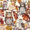 Autumn-themed cocktail napkin featuring a close-up of an owl family on a tree branch, ideal for decoupage and table décor.