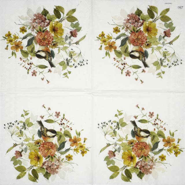 Blessed by Nature napkin with a repeating floral and bird pattern on a soft cream background.