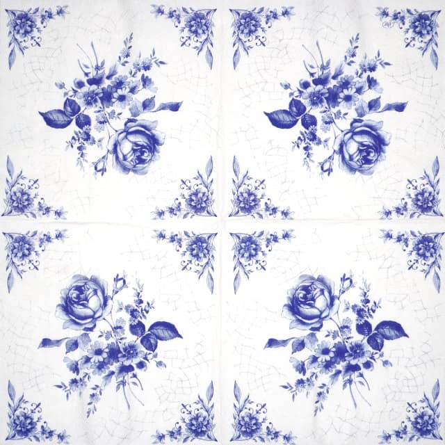 Full view of paper napkin with blue and white tile-inspired design featuring delicate roses – ideal for table décor and decoupage craft – full design.