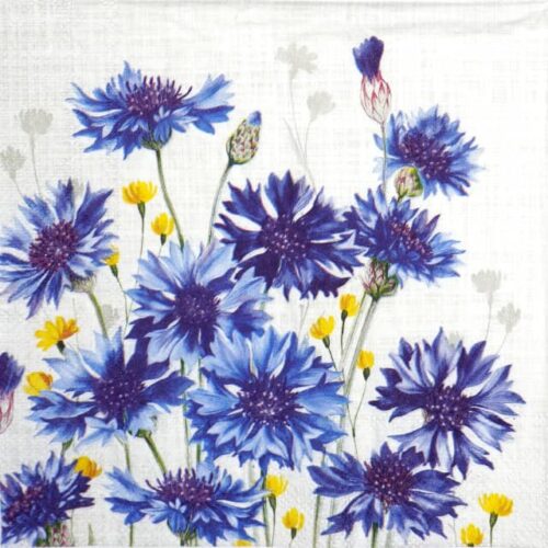 Quarter view of a napkin with blue cornflowers and yellow blossoms arranged in a symmetrical floral pattern on white background – ideal for decoupage and table décor.