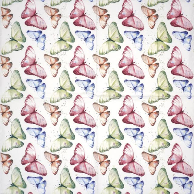 Lunch Decoupage Napkin Farfalle Felici Multicolore: Full view showing a dense, repeating all-over pattern of colorful watercolor butterflies on a white background.