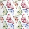 Lunch Decoupage Napkin Farfalle Felici Multicolore: Close-up of various pink, blue, orange, and yellow watercolor butterflies fluttering against a white background with color splatters.