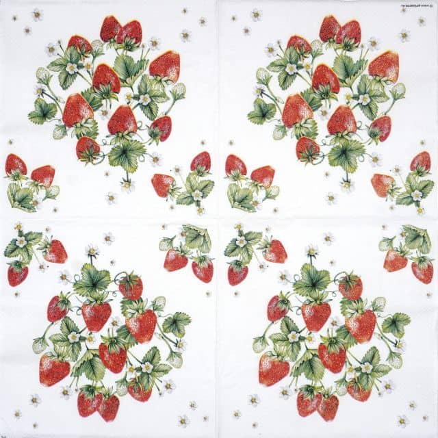 Paper Napkin Bunch of Strawberries: Full view showing four symmetrical strawberry clusters on a white background, with smaller scattering motifs.