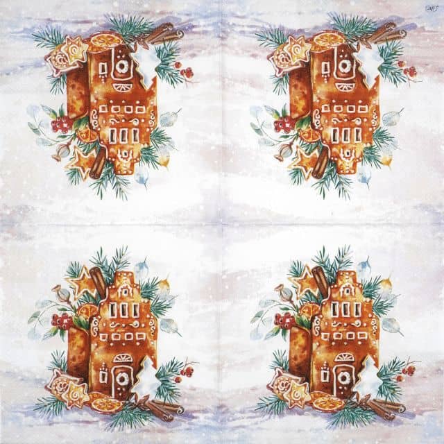 Lunch Decoupage Napkin Gingerbread House: Full open view showing four identical symmetrical gingerbread house motifs.