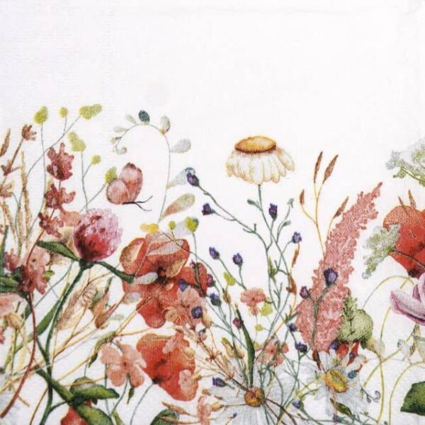 Quarter view of Field of Flowers napkin by Home Fashion – wildflower border design with dragonfly on white background.