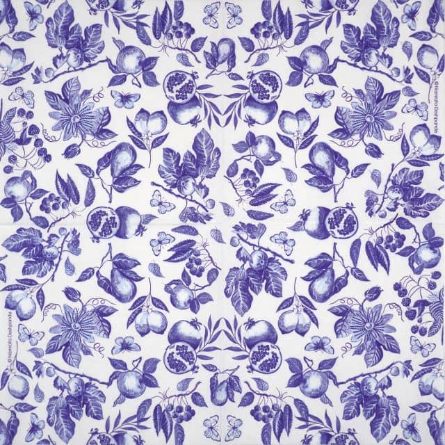 Full paper napkin with four repeating panels – PPD Blue Toile napkin featuring mirrored blue pastoral scenes on white background
