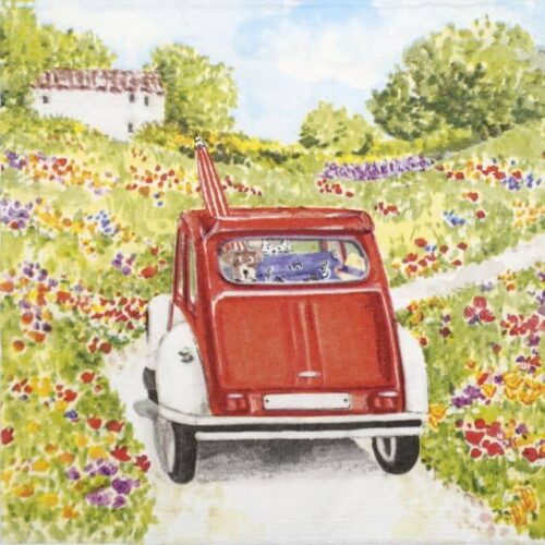 Red vintage car on countryside path with dogs inside – Bon Voyage napkin