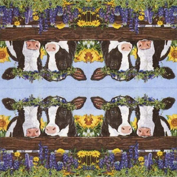 Full design of Borden & Clover PPD napkin featuring a white cow surrounded by green clover and foliage on a rustic patterned background