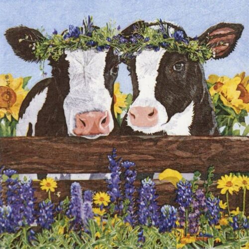 Borden & Clover PPD napkin with a white cow and clovers on a green patterned background – 1/4 fold