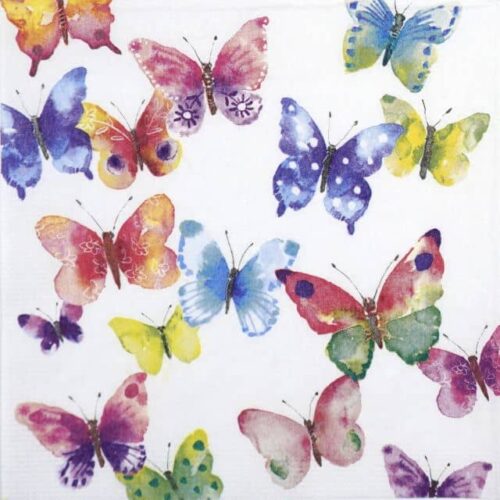 Butterfly Phantasy napkin by PPD showing a colourful butterfly with surreal, abstract detailing on a warm-toned background – 1/4 section view.