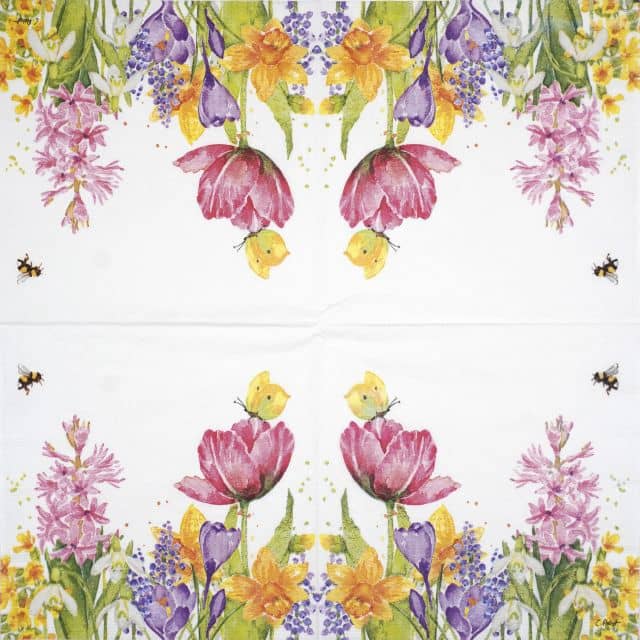 Full paper napkin with four repeating Butterfly & Bee designs featuring butterflies, bees, and wildflowers in mirrored layout — perfect for decoupage and creative crafts.