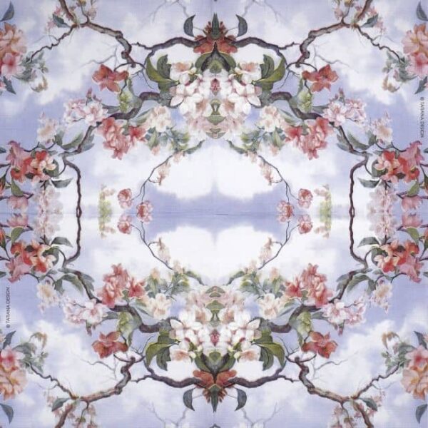 Full view of PPD Equador napkin – symmetrical floral design with cherry blossoms and curved branches on a pastel sky
