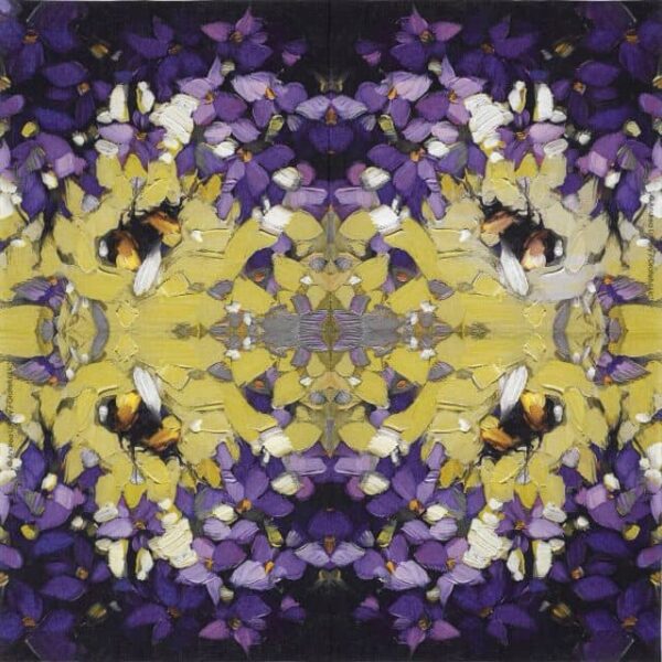 Fully opened PPD Flight of the Bumblebee napkin featuring a repeated design of bumblebees and vibrant flowers in all four quadrants.