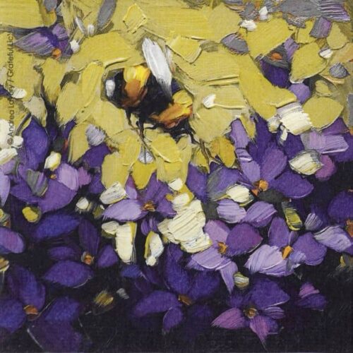 Close‑up of a bumblebee hovering above vibrant purple and yellow blossoms from the PPD “Flight of the Bumblebee” napkin