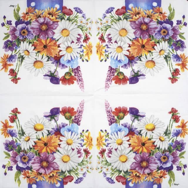 Full paper napkin with four repeating Flower Vase designs featuring colorful floral arrangements in vintage vases, perfect for decoupage and crafts.