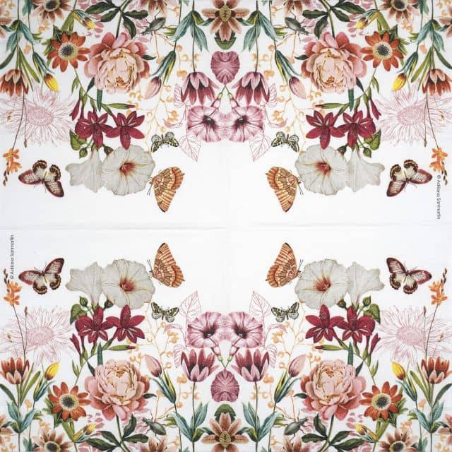 Full PPD Illusion napkin 133003003 with four repeating abstract floral and butterfly designs in soft pastel tones – ideal for decoupage.