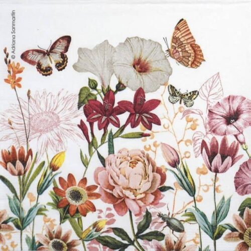 PPD Illusion paper napkin 133003003 showing a delicate abstract floral and butterfly design in pastel colours – 1/4 single panel for decoupage.