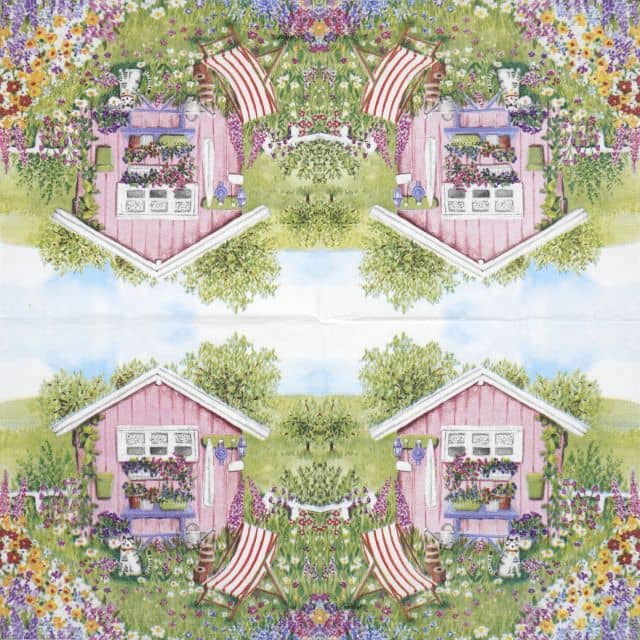 Full napkin design with four mirrored illustrations of a pink garden shed, flower garden, cat, and deck chair – whimsical summer scene by PPD.