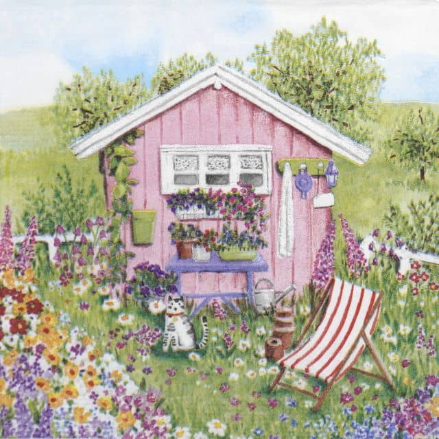 Charming pink garden shed surrounded by blooming flowers, a striped deck chair, and a cat sitting on the grass – illustrated design on a PPD napkin.