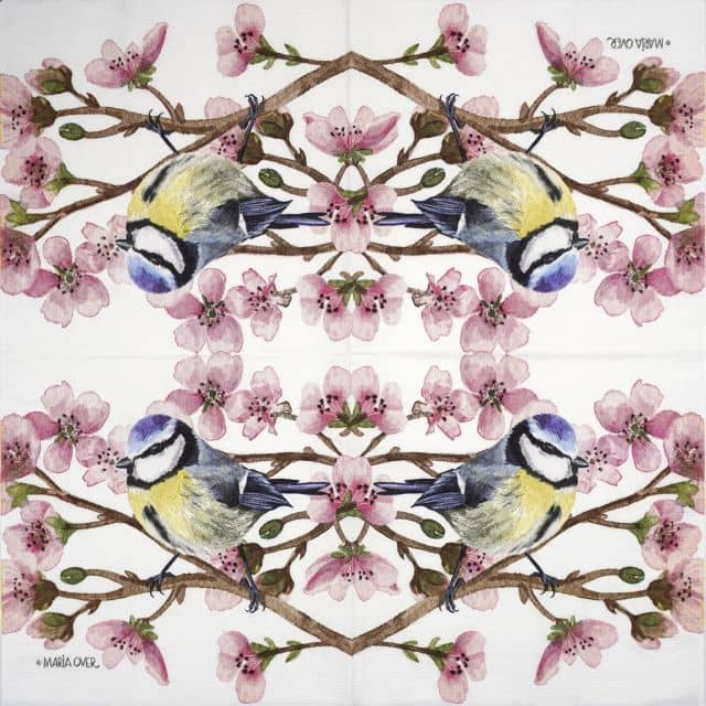 Full napkin with four repeated panels of a spring bird perched on a flowering branch with butterflies and soft florals – Oiseau Printemps by PPD.