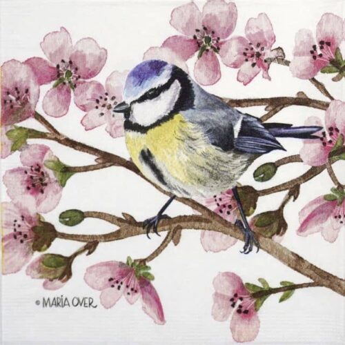 Bird perched on a blooming spring branch with butterflies and delicate florals – Oiseau Printemps napkin by PPD.