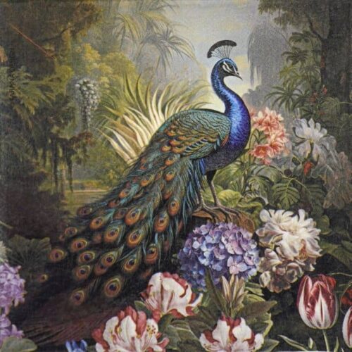 PPD 133003011 Olympos napkin – 1/4 view with elegant peacock and botanical accents