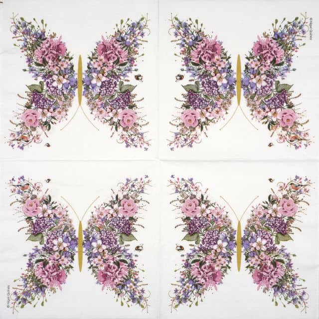 Full paper napkin with four repeating butterfly and rose motifs – napkin featuring vintage-style butterflies, pink roses, and green foliage in a romantic floral design by PPD.