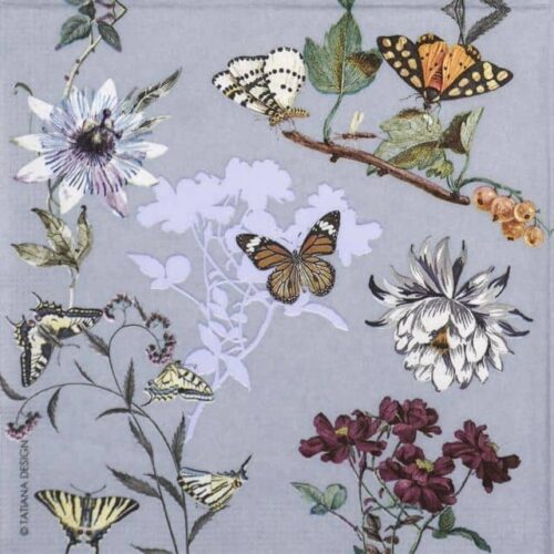Close‑up of PPD ‘Puerto Rico’ decoupage napkin featuring colorful tropical flowers and delicate butterflies on a pale background.