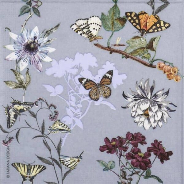 Close‑up of PPD ‘Puerto Rico’ decoupage napkin featuring colorful tropical flowers and delicate butterflies on a pale background.