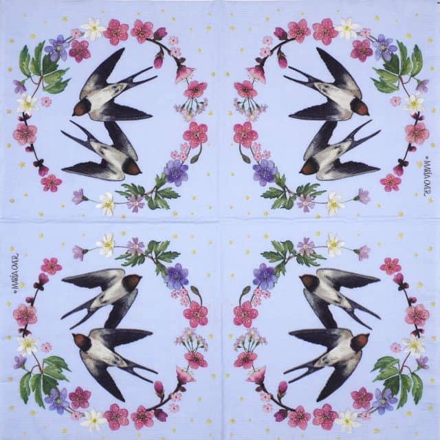 Full paper napkin with four repeating delicate pastel floral panels featuring swallows and decorative wreaths for decoupage crafts