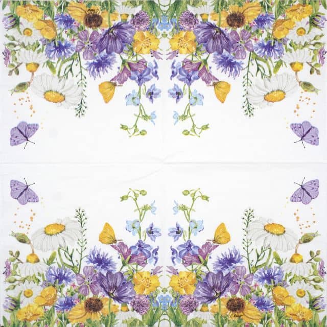 Full view of PPD 133002964 Summer Flowers napkin – all-over floral pattern in purple, yellow & blue on white background