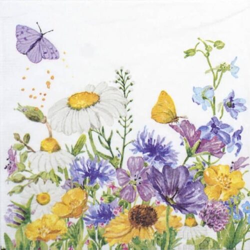 Close-up of Summer Flowers napkin (PPD 133002964) – purple, yellow & blue wildflowers on white background