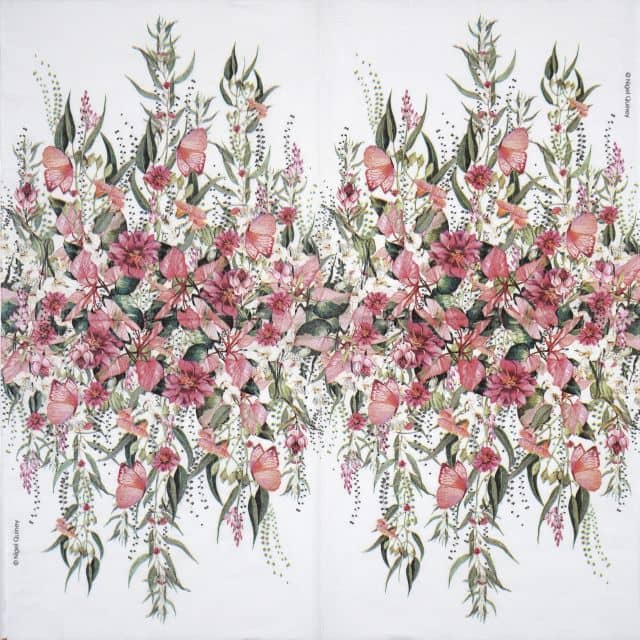 Full design of PPD Tiziana napkin with symmetrical bouquets of pink roses and green leaves on a soft white background