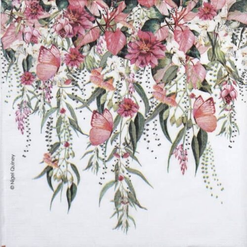 1/4 design of PPD Tiziana napkin featuring soft pink roses and greenery in a romantic vintage bouquet style