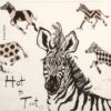 1/4 design of Hot to Trot napkin by PPD with a zebra head, playful text, and patterned zebras on a cream background