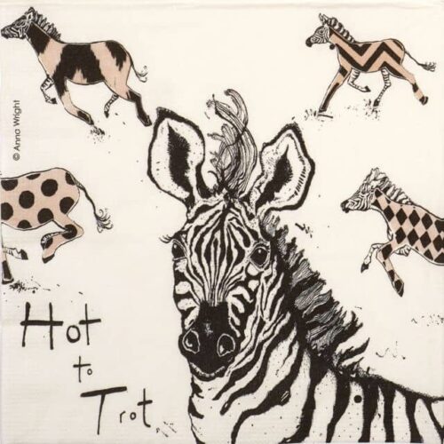 1/4 design of Hot to Trot napkin by PPD with a zebra head, playful text, and patterned zebras on a cream background