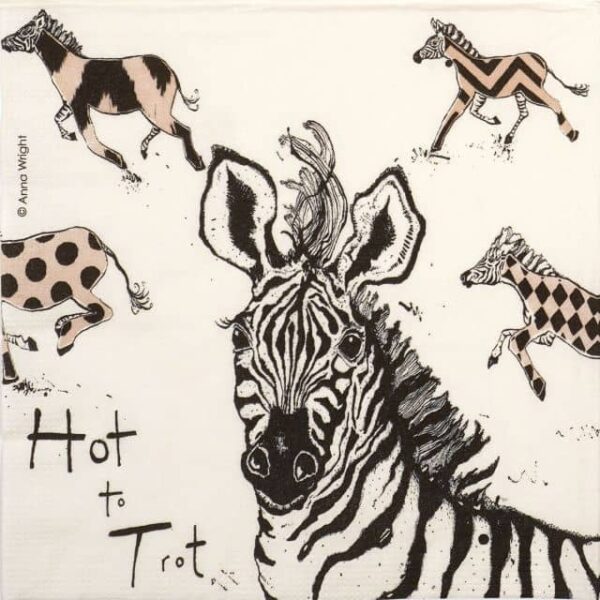 1/4 design of Hot to Trot napkin by PPD with a zebra head, playful text, and patterned zebras on a cream background