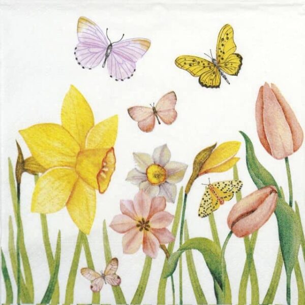 Butterflies fluttering above blooming daffodils and tulips on a bright white background — Butterfly Meadow quarter napkin by Paper + Design.