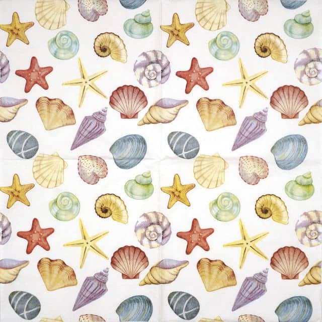 Full napkin design showcasing repeated multicolored seashells in orange, pink, and blue on a white background.