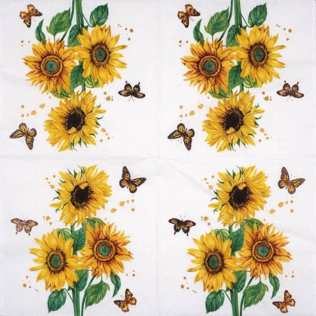 Full view of Sunshine Bloom napkin by Paper + Design – repeating pattern of three sunflower heads and a butterfly on a white background.