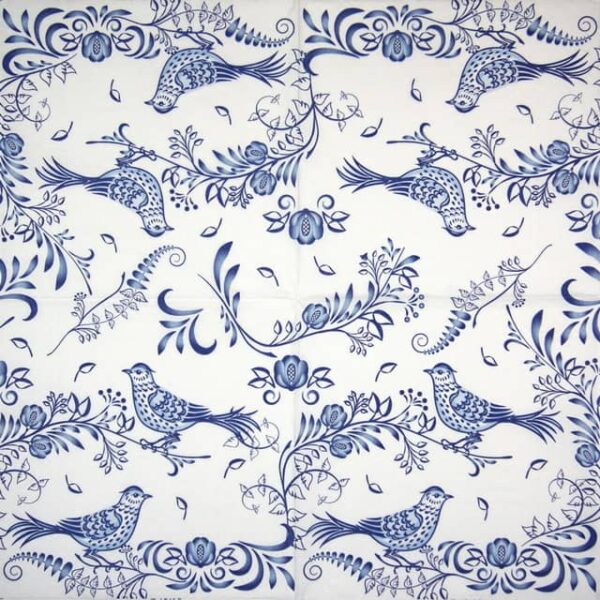 Full view of the Porcelain Bird cocktail napkin reveals a repeating pattern of blue birds and floral accents on a white background, ideal for sophisticated décor.