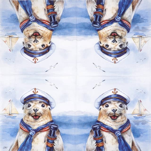 Full napkin design with repeating watercolor illustrations of a seal sailor wearing a white hat and blue scarf, telescope in hand, seagulls flying, and a distant sailboat on pale blue sea
