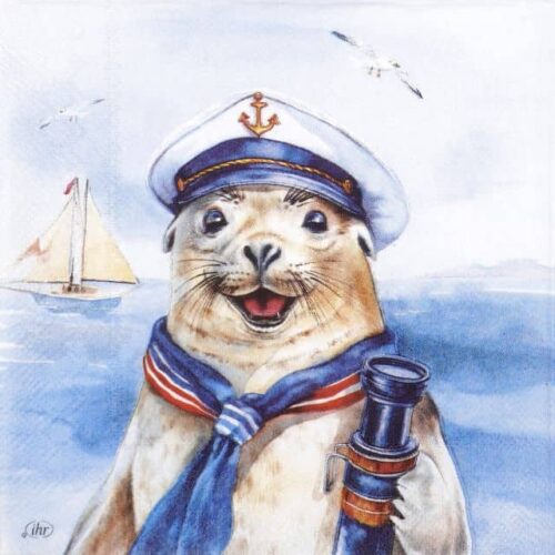 Close-up of a playful seal wearing a white sailor’s hat, blue scarf, and holding a telescope, with seagulls flying and a sailboat in the distant sea on a pale blue background