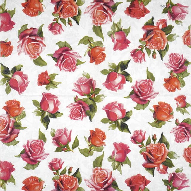 Scattered pattern of red and pink roses with green leaves on a light grey background with subtle floral outlines
