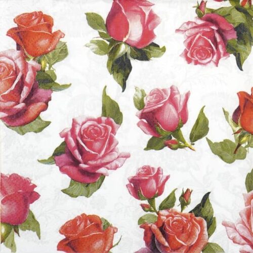 Red and pink roses with green leaves scattered on a light grey background with subtle floral outlines