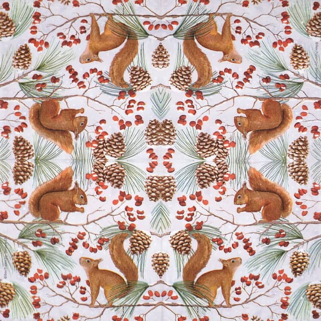 Full view of PPD Squirrel Chat cocktail napkin with repeating pattern of red squirrels on branches among pinecones and berries.