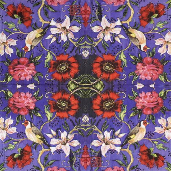 ALT Text: Full view of a purple paper napkin with a vibrant floral and bird pattern featuring red poppies, cream lilies, and small birds on intertwining green vines.